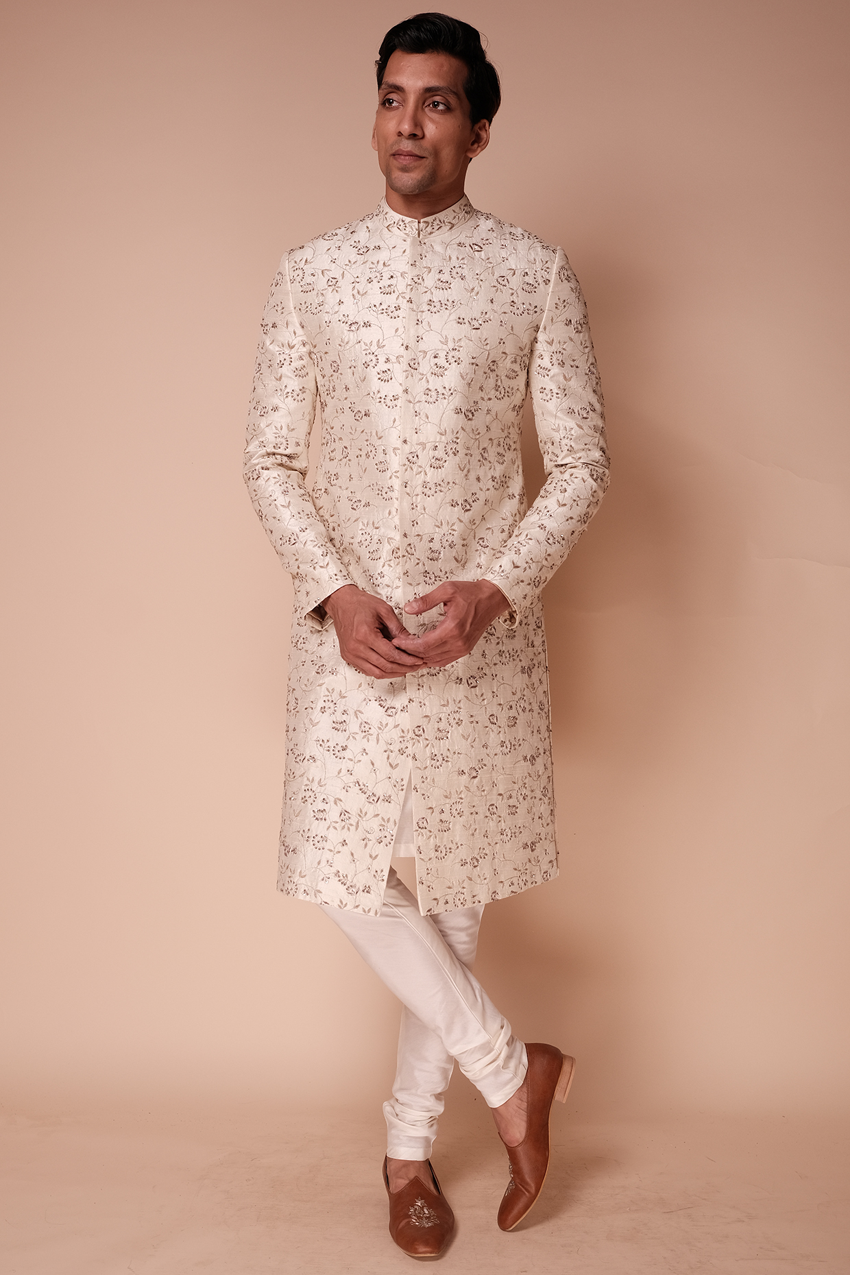 Ivory Embroidered Sherwani Set by TISASTUDIO