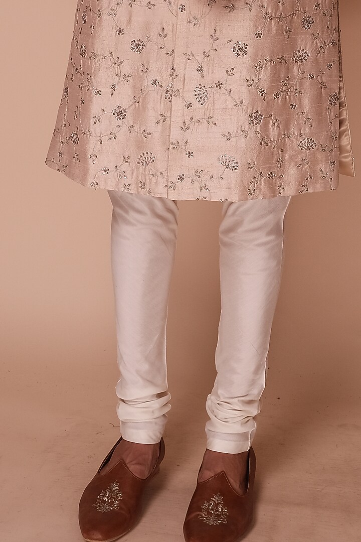 Light Peach Raw Silk Floral Embroidered Groom Sherwani Set by TISASTUDIO at Pernia's Pop Up Shop