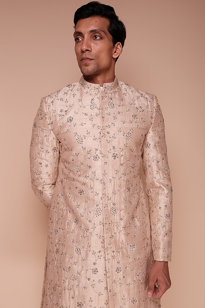 Light Peach Raw Silk Floral Embroidered Groom Sherwani Set by TISASTUDIO at Pernia's Pop Up Shop