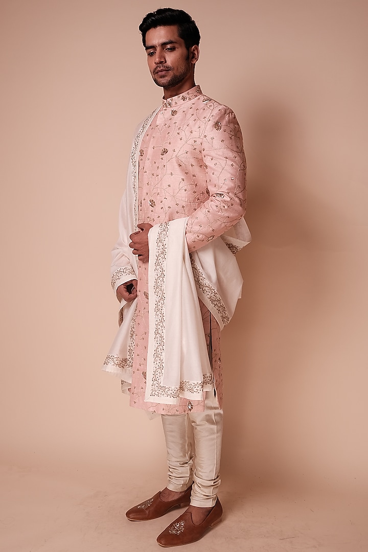 Pink Raw Silk Embroidered Sherwani Set by TISASTUDIO
