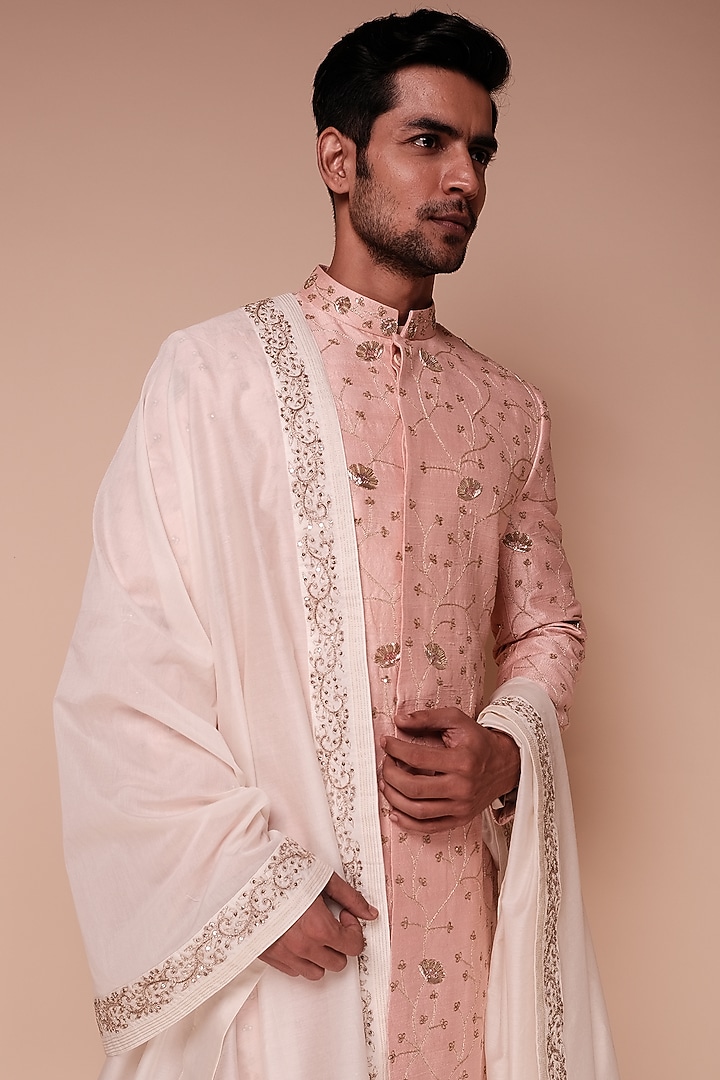 Pink Raw Silk Embroidered Groom Sherwani Set by TISASTUDIO at Pernia's Pop Up Shop