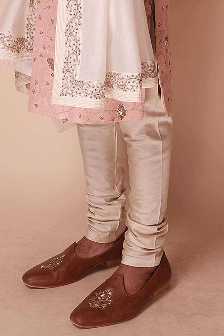 Pink Raw Silk Embroidered Groom Sherwani Set by TISASTUDIO at Pernia's Pop Up Shop