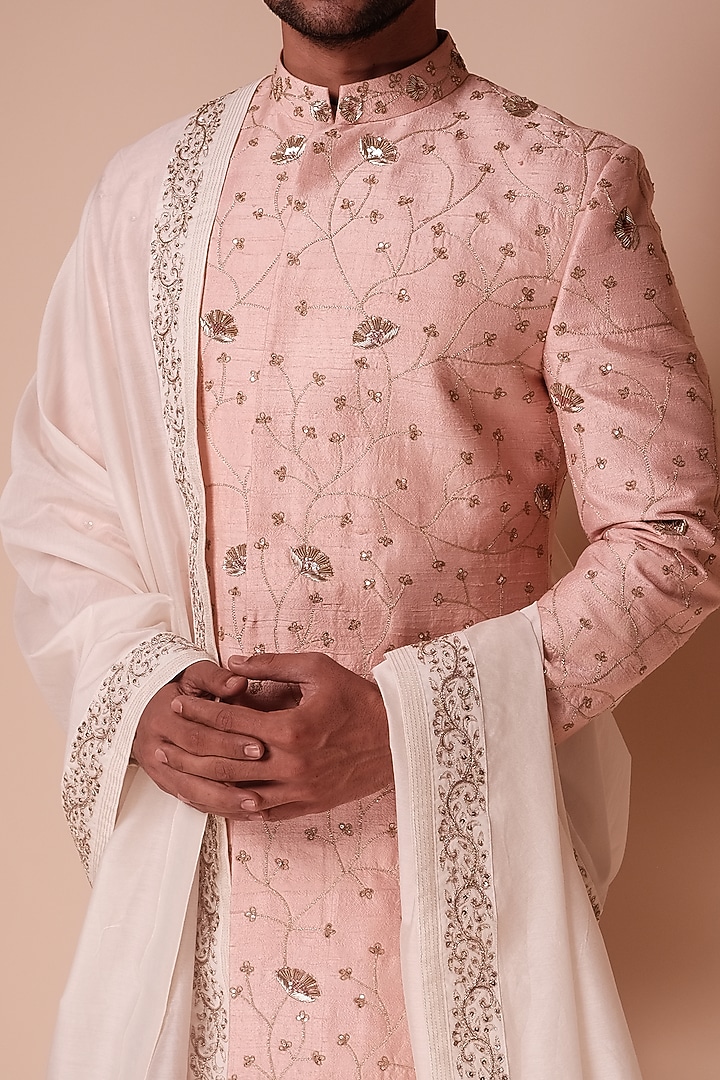 Pink Raw Silk Embroidered Groom Sherwani Set by TISASTUDIO at Pernia's Pop Up Shop