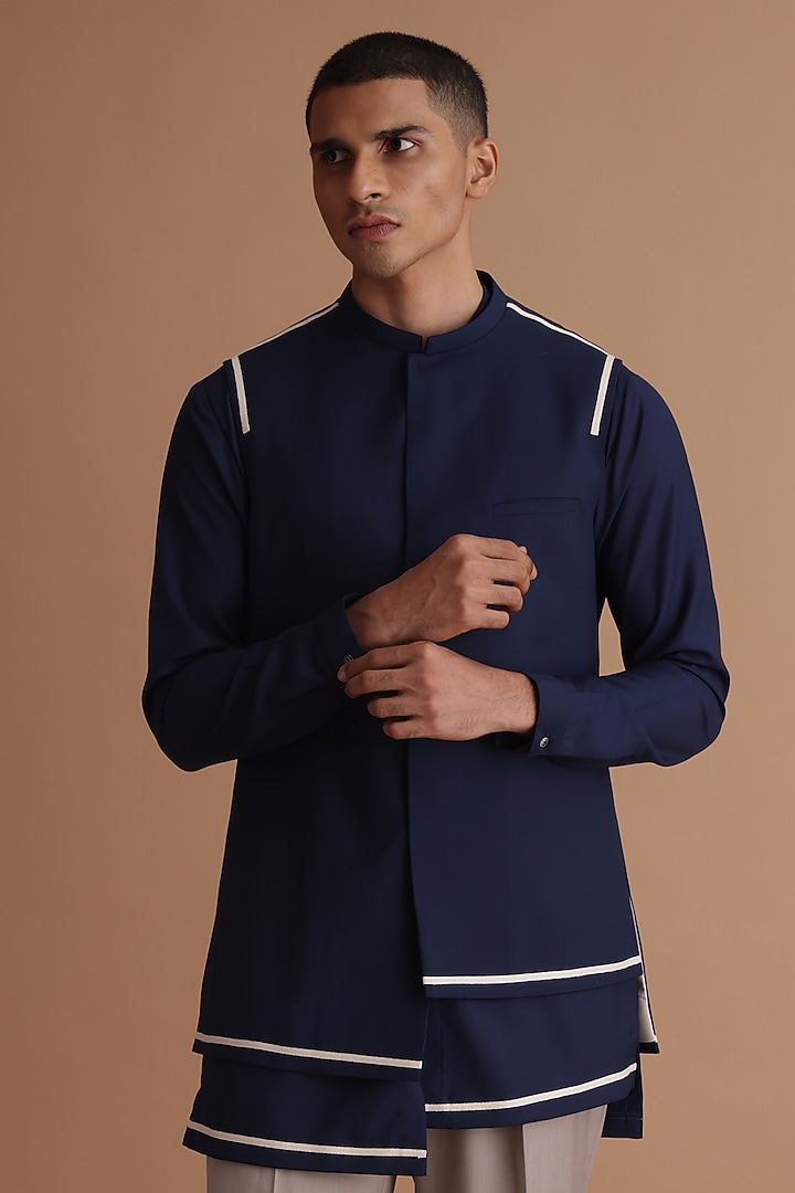 Dark Blue Terry Rayon Bundi Jacket Set by TISASTUDIO at Pernia's Pop Up Shop