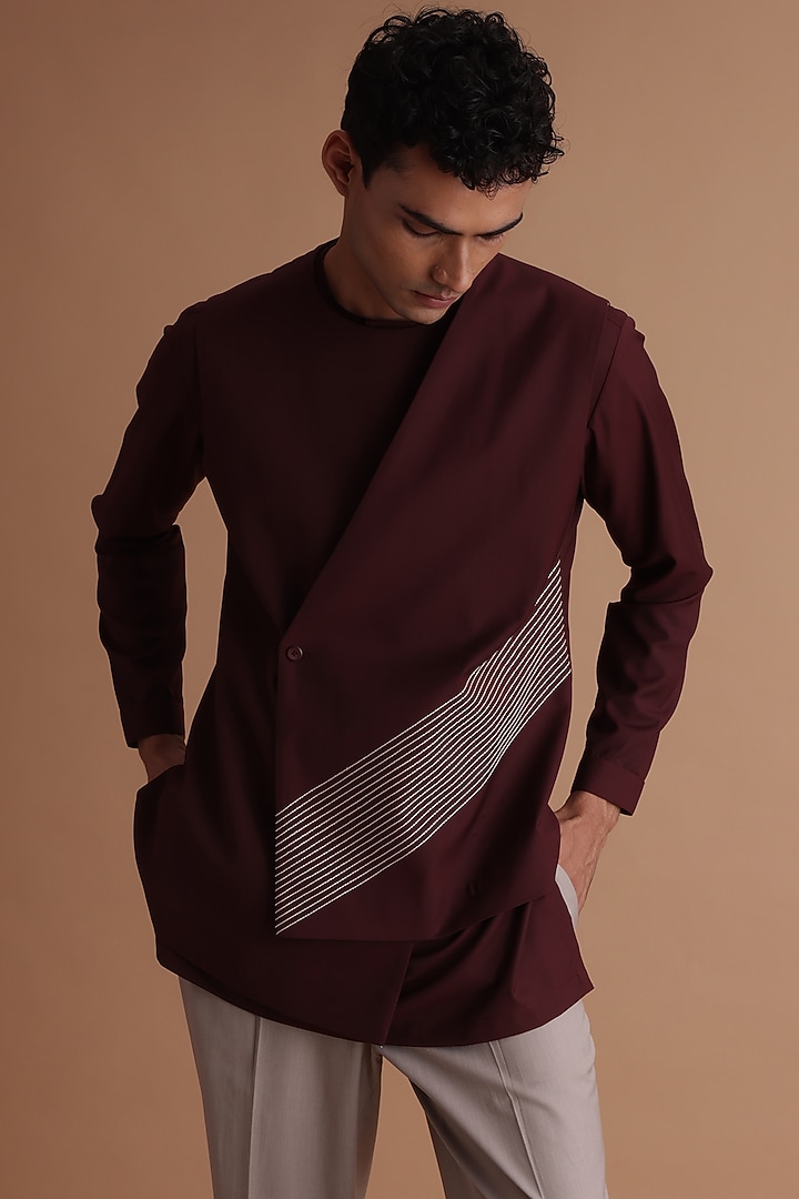 Burgundy Terry Rayon Embroidered Wedding Indowestern Set by TISASTUDIO at Pernia's Pop Up Shop