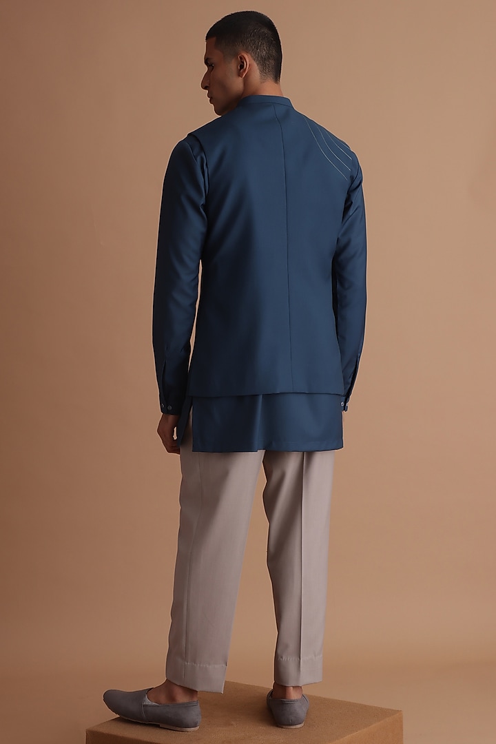Teal Blue Terry Rayon Embroidered Bundi Jacket Set by TISASTUDIO at Pernia's Pop Up Shop