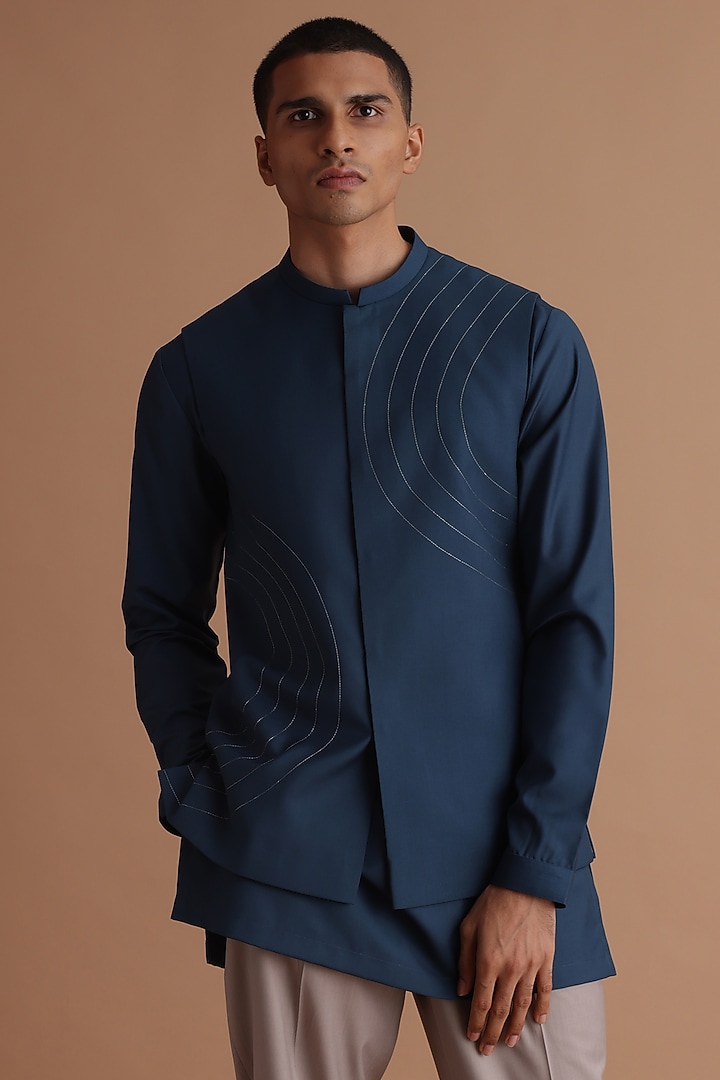 Teal Blue Terry Rayon Embroidered Bundi Jacket Set by TISASTUDIO at Pernia's Pop Up Shop