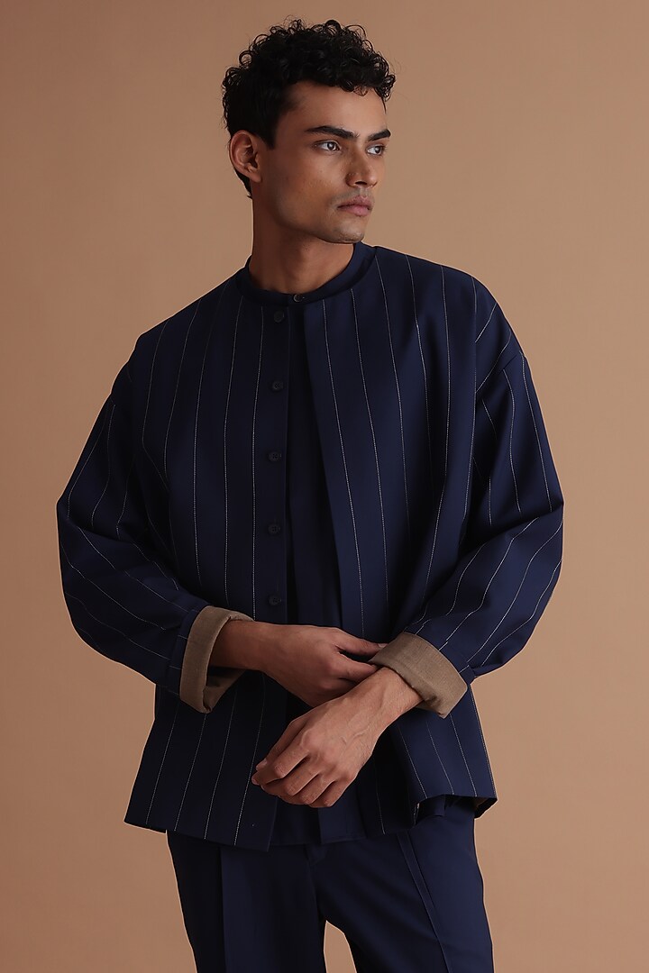 Navy Blue Terry Rayon Wedding Indowestern Set by TISASTUDIO at Pernia's Pop Up Shop