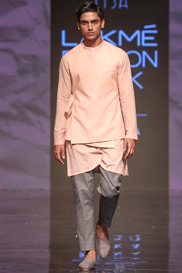 Dusky Pink Embroidered Kurta Set With Bandi Jacket by TISASTUDIO at Pernia's Pop Up Shop