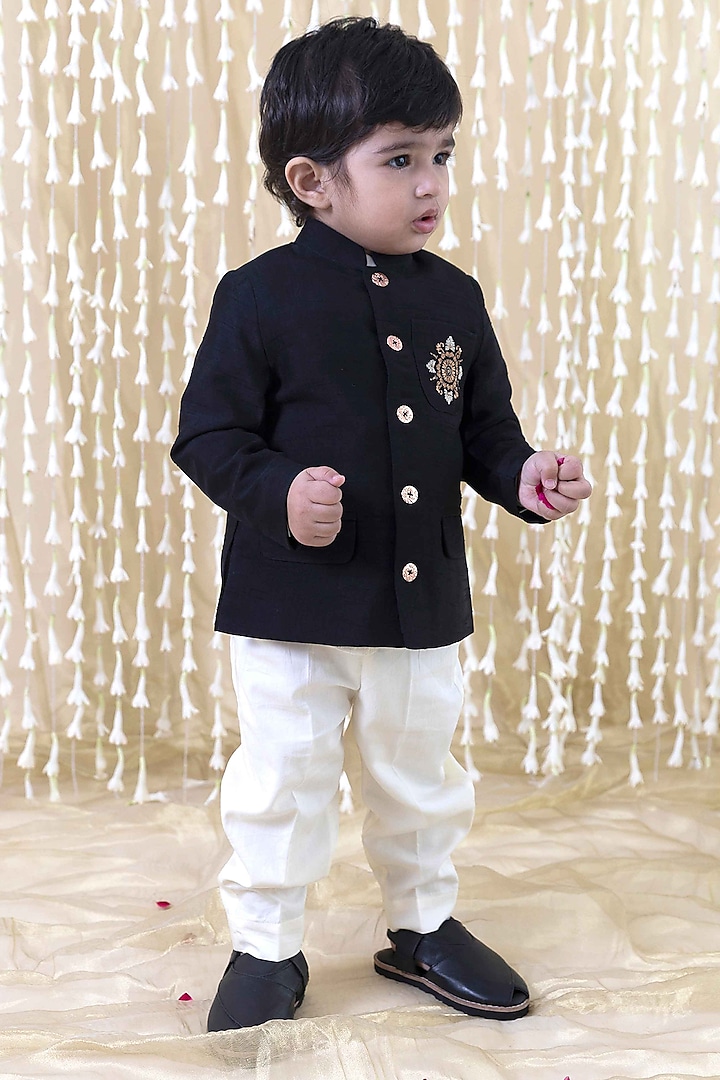 Black Viscose Raw Silk Zari Embroidered Bandhgala Jacket For Boys by Tiber Taber