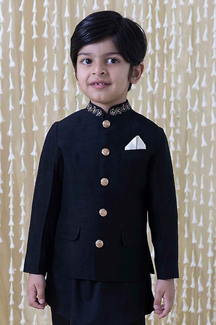 Black Raw Silk Zari Embroidered Bandhgala Jacket For Boys by Tiber Taber