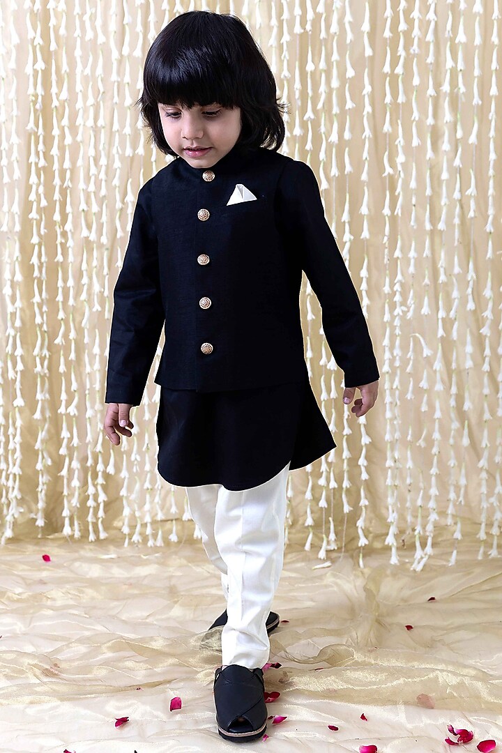 Black Raw Silk Bundi Jacket For Boys by Tiber Taber at Pernia's Pop Up Shop