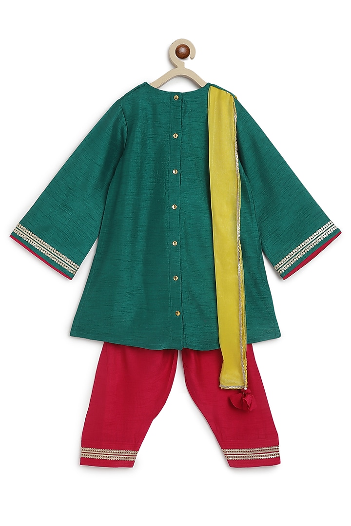 Green Soft Velvet Floral & Thread Embroidered Kurta Set For Girls by Tiber Taber at Pernia's Pop Up Shop