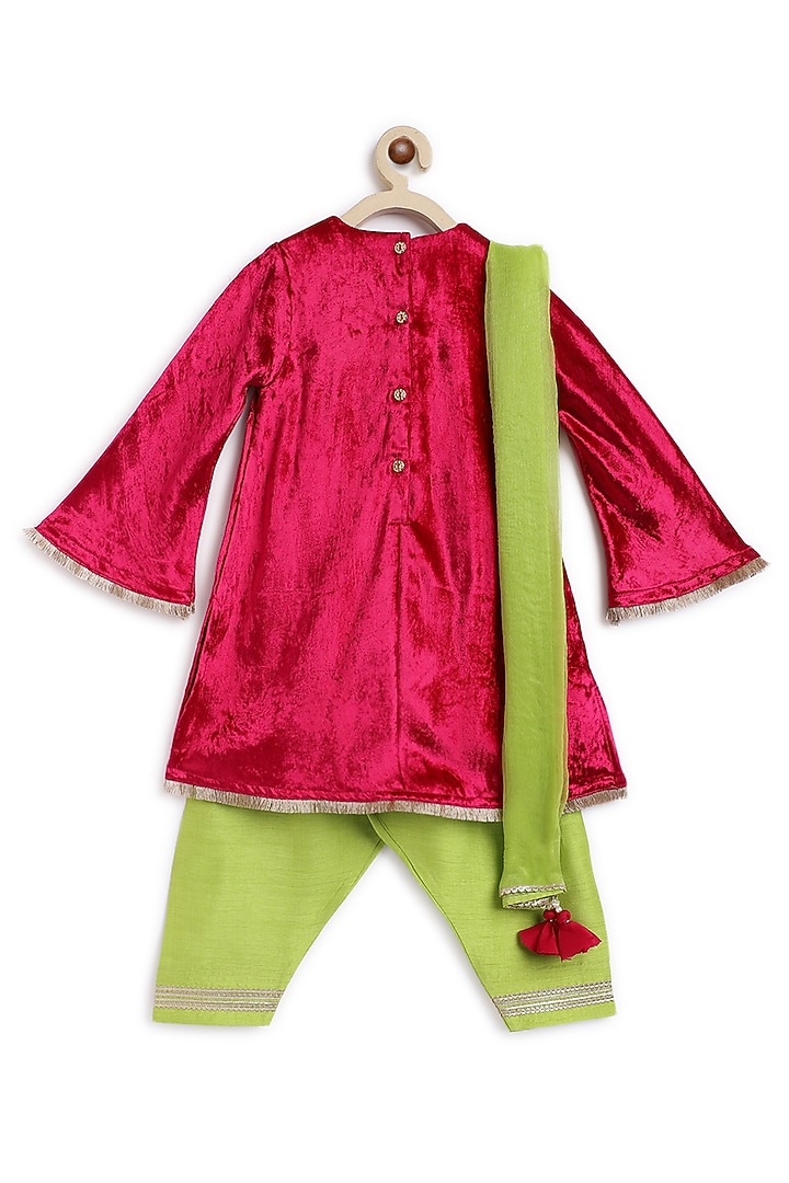 Pink Soft Velvet Floral & Thread Embroidered Kurta Set For Girls by Tiber Taber at Pernia's Pop Up Shop