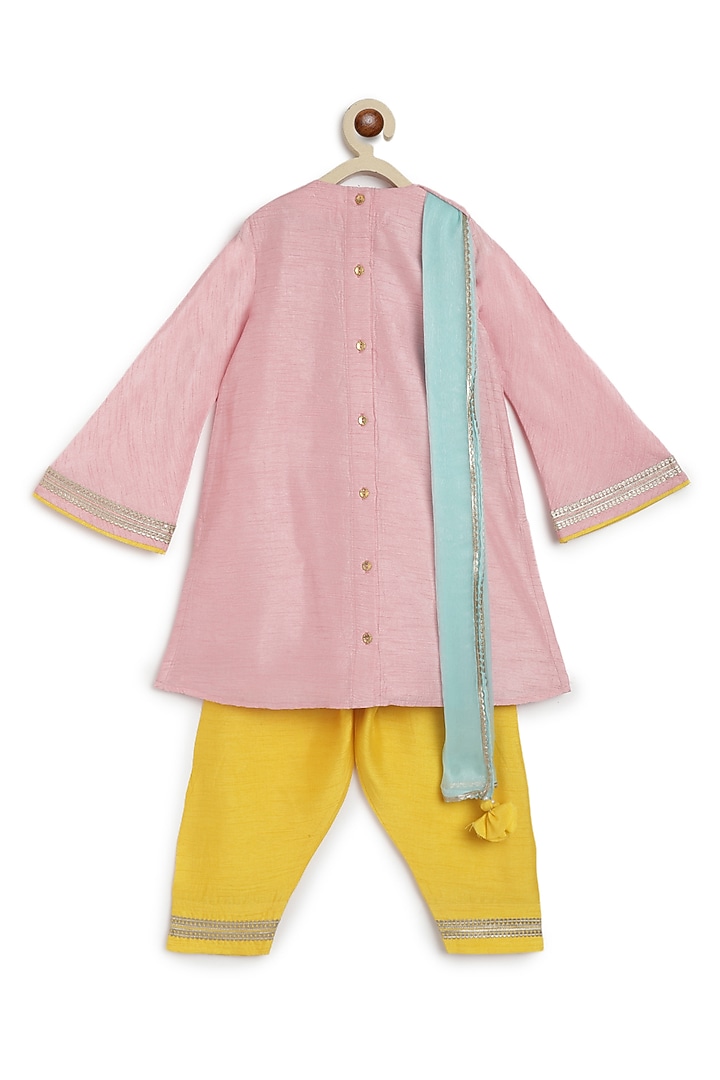 Pink Soft Velvet Floral & Thread Embroidered Kurta Set For Girls by Tiber Taber at Pernia's Pop Up Shop