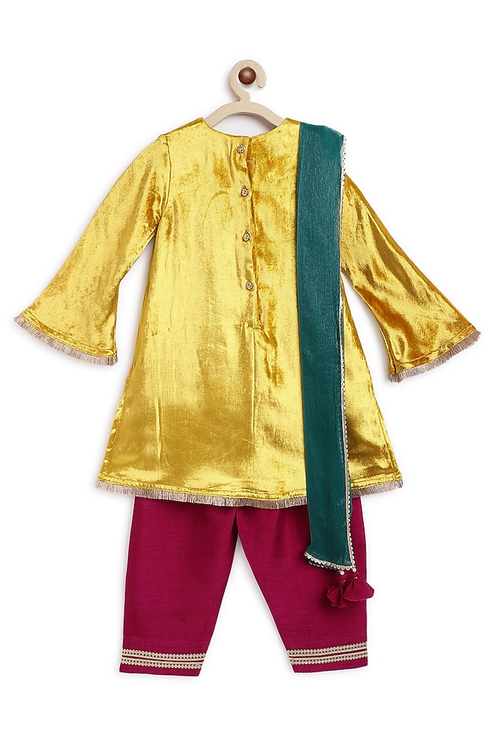 Yellow Soft Velvet Floral & Thread Embroidered Kurta Set For Girls by Tiber Taber at Pernia's Pop Up Shop
