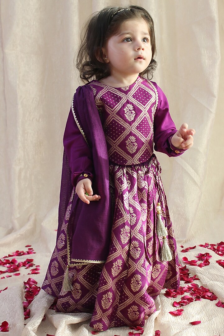 Purple Viscose Brocade Lehenga Set For Girls by Tiber Taber at Pernia's Pop Up Shop