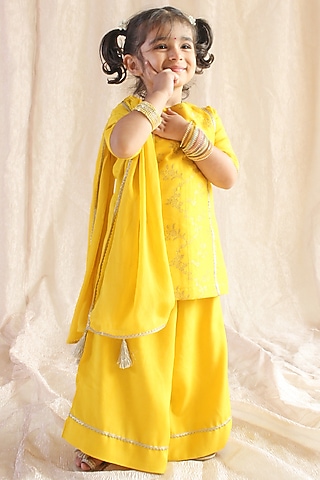 Yellow Viscose Brocade Kurta Set For Girls by Tiber Taber
