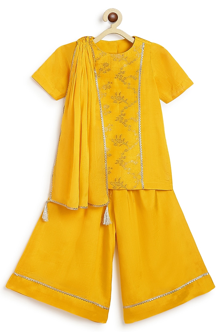 Yellow Viscose Brocade Kurta Set For Girls by Tiber Taber at Pernia's Pop Up Shop