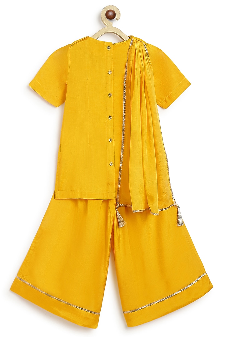Yellow Viscose Brocade Kurta Set For Girls by Tiber Taber at Pernia's Pop Up Shop