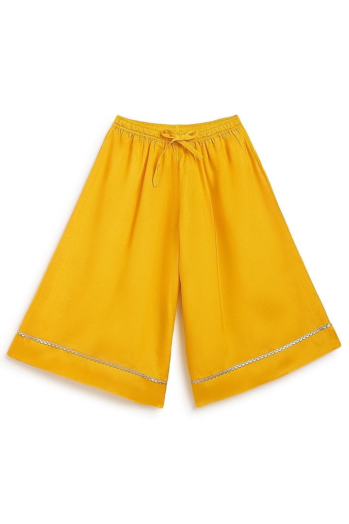 Yellow Viscose Brocade Kurta Set For Girls by Tiber Taber at Pernia's Pop Up Shop