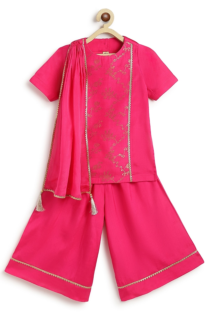 Fuchsia Pink Viscose Brocade Kurta Set For Girls by Tiber Taber at Pernia's Pop Up Shop