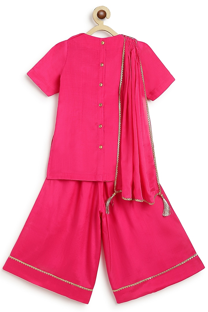 Fuchsia Pink Viscose Brocade Kurta Set For Girls by Tiber Taber at Pernia's Pop Up Shop