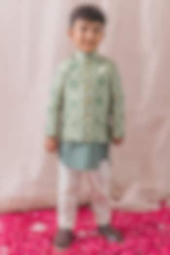 Green Viscose Brocade Bandhgala Set For Boys by Tiber Taber