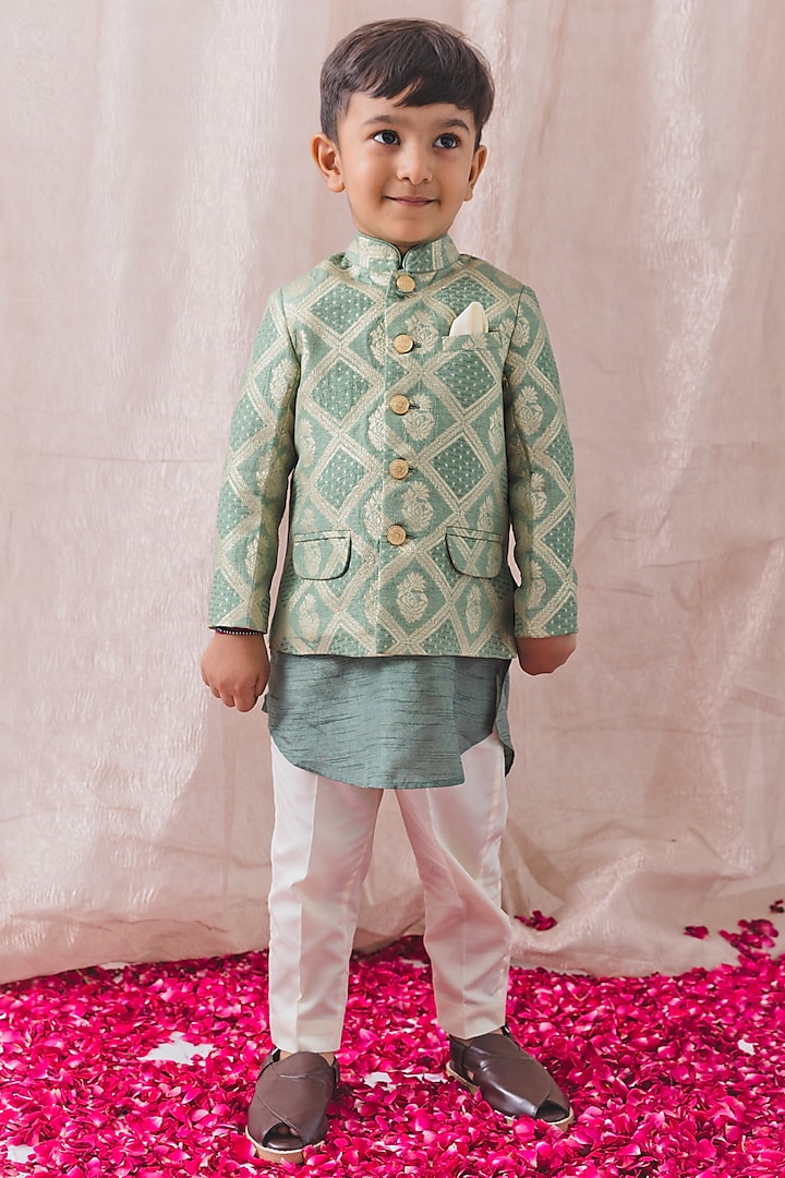 Green Viscose Brocade Bandhgala Set For Boys by Tiber Taber