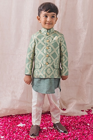 Green Viscose Brocade Bandhgala Set For Boys by Tiber Taber