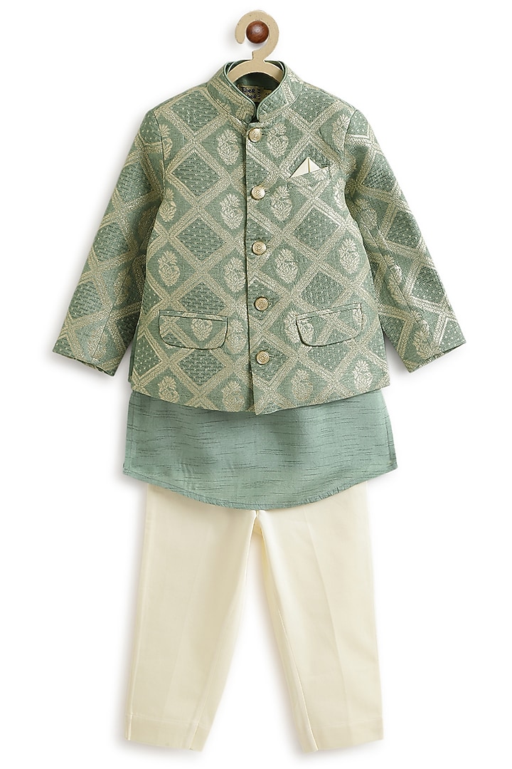 Green Viscose Brocade Bandhgala Set For Boys by Tiber Taber at Pernia's Pop Up Shop