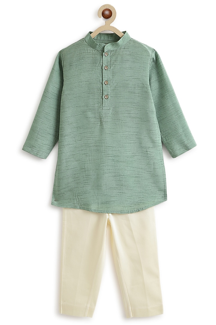 Green Viscose Brocade Bandhgala Set For Boys by Tiber Taber at Pernia's Pop Up Shop