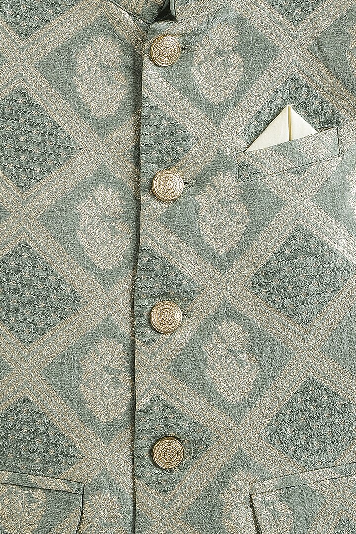 Green Viscose Brocade Bandhgala Set For Boys by Tiber Taber at Pernia's Pop Up Shop