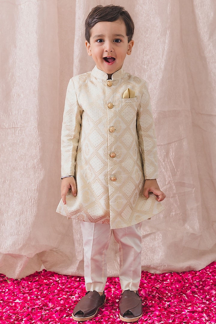 Cream Viscose Brocade Embroidered Sherwani Set For Boys by Tiber Taber