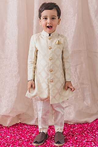 Cream Viscose Brocade Embroidered Sherwani Set For Boys by Tiber Taber
