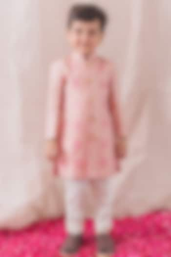 Pink Viscose Brocade Embroidered Sherwani Set For Boys by Tiber Taber