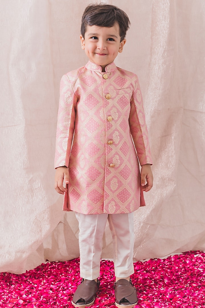 Pink Viscose Brocade Embroidered Sherwani Set For Boys by Tiber Taber