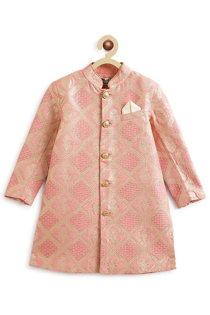 Pink Viscose Brocade Embroidered Sherwani Set For Boys by Tiber Taber at Pernia's Pop Up Shop