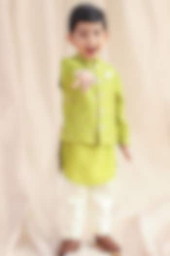 Green Viscose Brocade Bundi Jacket Set For Boys by Tiber Taber