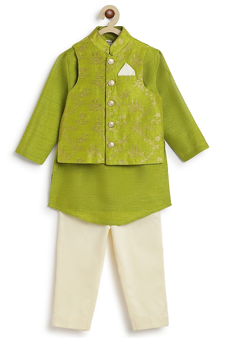 Green Viscose Brocade Bundi Jacket Set For Boys by Tiber Taber at Pernia's Pop Up Shop