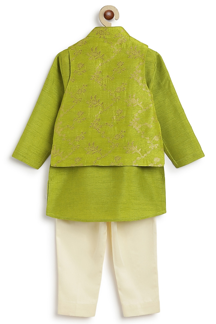 Green Viscose Brocade Bundi Jacket Set For Boys by Tiber Taber at Pernia's Pop Up Shop