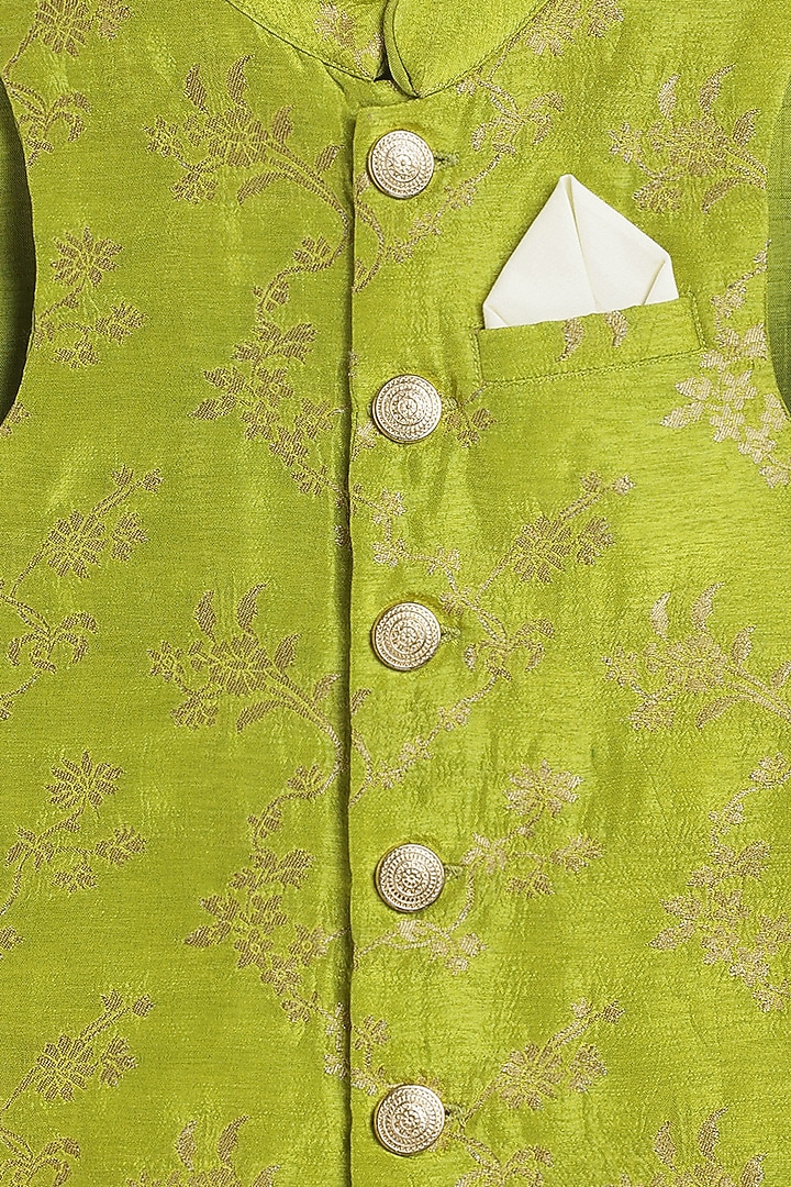 Green Viscose Brocade Bundi Jacket Set For Boys by Tiber Taber at Pernia's Pop Up Shop