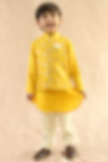 Yellow Viscose Brocade Bundi Jacket Set For Boys by Tiber Taber