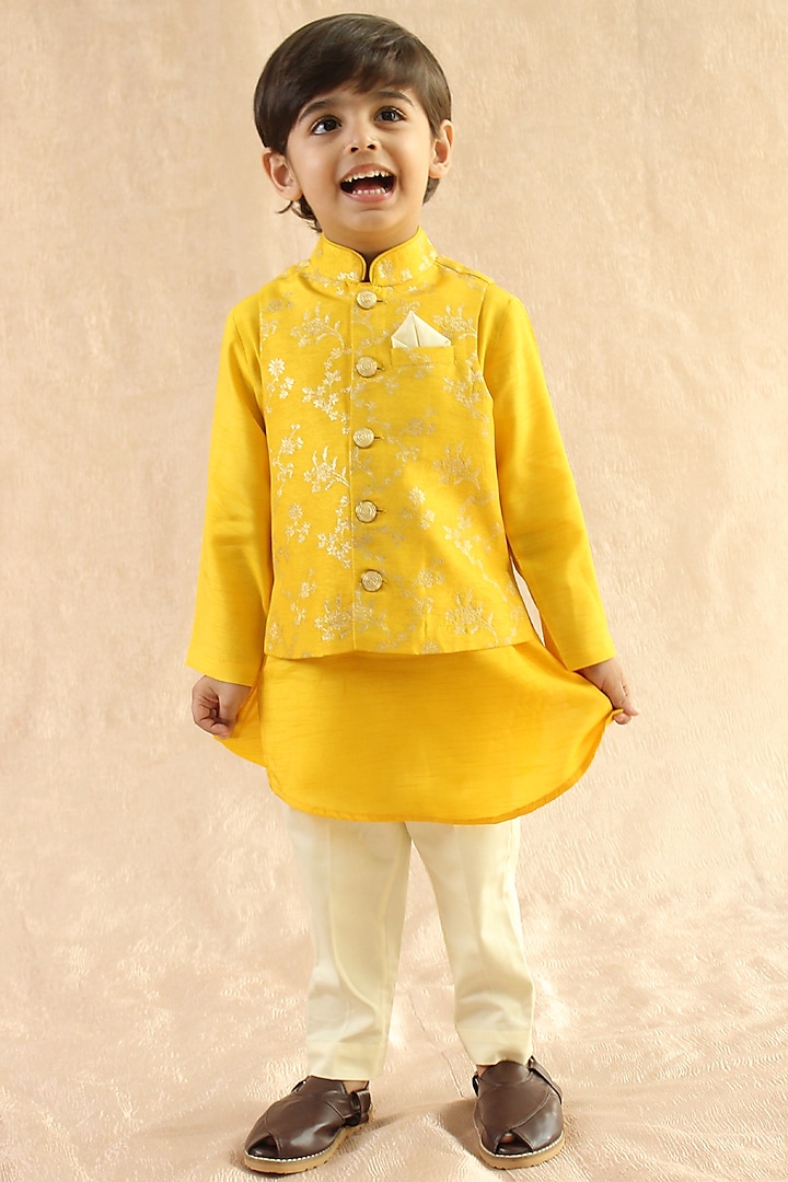 Yellow Viscose Brocade Bundi Jacket Set For Boys by Tiber Taber