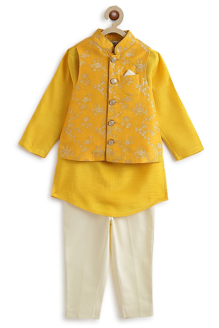 Yellow Viscose Brocade Bundi Jacket Set For Boys by Tiber Taber at Pernia's Pop Up Shop