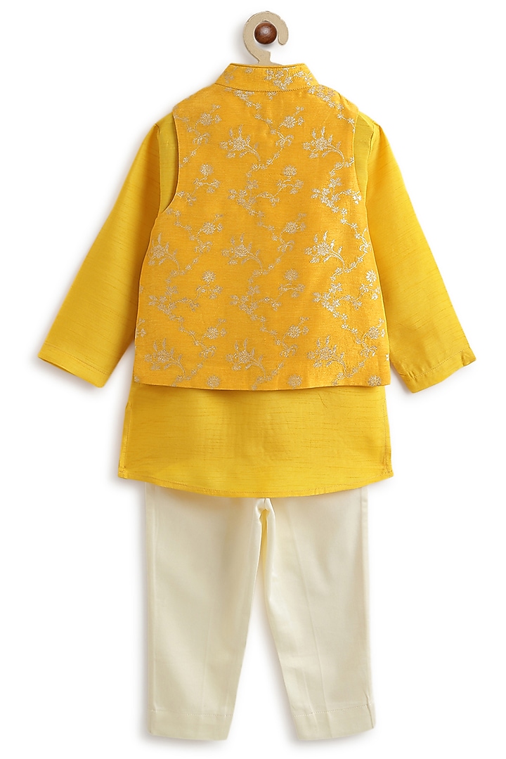 Yellow Viscose Brocade Bundi Jacket Set For Boys by Tiber Taber at Pernia's Pop Up Shop