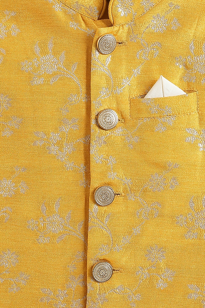 Yellow Viscose Brocade Bundi Jacket Set For Boys by Tiber Taber at Pernia's Pop Up Shop