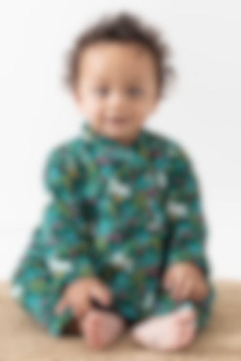 Green Soft Corduroy Christmas Printed Jhabla Set For Kids by Tiber Taber at Pernia's Pop Up Shop
