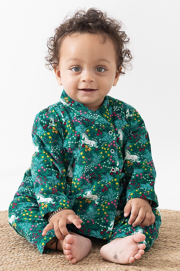 Green Soft Corduroy Christmas Printed Jhabla Set For Kids by Tiber Taber at Pernia's Pop Up Shop