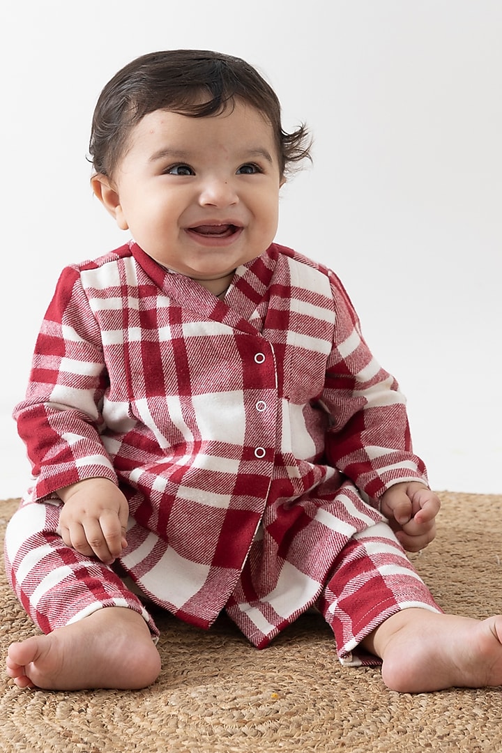 Green Soft Cotton flannel Checkered Printed Jhabla Set For Kids by Tiber Taber at Pernia's Pop Up Shop